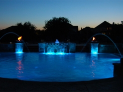 Geometric Pool with Blue Granite Pebble Sheen, LED Lighting and Copper Fire and Water Bowls in Frisco (1)