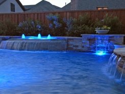 Grecian Pool, Fountain, Bubblers, Sheer Descents Ocean Blue Pebble Sheen with Stone Walls and Columns in Frisco