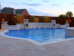 Grecian Pool, with Bubblers, LED Lighting, Travertine Water Bowls and Travertine Walls and Columns in Frisco (1)