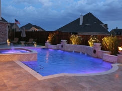 Grecian Pool, with Bubblers, LED Lighting, Travertine Water Bowls and Travertine Walls and Columns in Frisco (2)