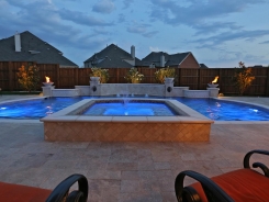 Grecian Pool, with Bubblers, LED Lighting, Travertine Water Bowls and Travertine Walls and Columns in Frisco (3)