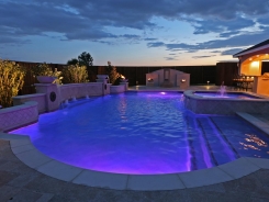 Grecian Pool, with Bubblers, LED Lighting, Travertine Water Bowls and Travertine Walls and Columns in Frisco (4)