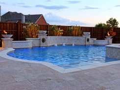 Grecian Pool, with Bubblers, LED Lighting, Travertine Water Bowls and Travertine Walls and Columns in Frisco