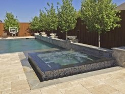 Iridescent Glass Tile Spa, Blue Granite Pebble Sheen, Stone Water Bowls in Frisco