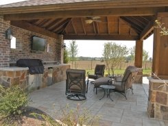 Patio Cover with Stone Column Bases and Stone BBQ Island in McKinney