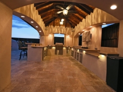 Stucco Pavilion, Noche Travertine with BBQ Island, Lighting and Cedar Beams in Frisco (1)