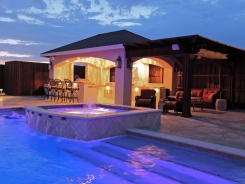 Stucco Pavilion, Noche Travertine with BBQ Island, Lighting and Cedar Beams with Travertine Spa in Frisco (1)