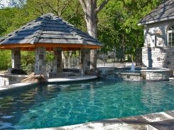 Swim Up Bar, Covered BBQ Island and Ocean Blue Pebble Sheen