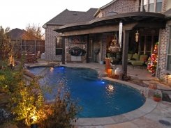 Glass Tile Spa, Brass Spillways with Blue Granite Pebble Sheen in Frisco