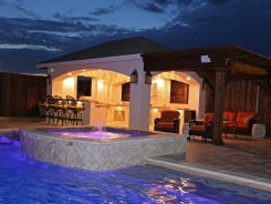 Travertine Spa, Cedar Arbor, Stucco Pavilion with BBQ and Lighting