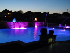 Geometric Pool with LED Lighting and Copper Fire and Water Bowls in Frisco