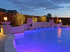 Grecian Pool, with Bubblers, LED Lighting, Travertine Water Bowls and Travertine Walls and Columns in Frisco