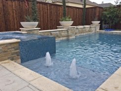 Iridescent Glass Tile Spa, Aqua Blue Pebble Sheen, Water Bowls and Bubblers in Frisco