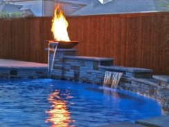 Pool with LED Lighting and Copper Fire and Water Bowls in Frisco